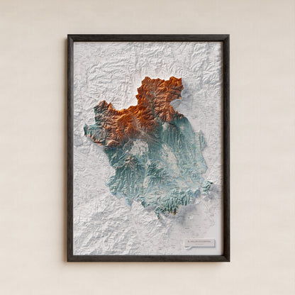 Mapa de relieve del Vallès Occidental, con el territorio en color y el entorno en blanco. Presentación con marco. 70 × 100 cm. Estilo Azul y naranja.