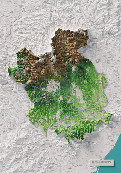 Mapa de relieve del Vallès Occidental, con el territorio en color y el entorno en blanco. Vista completa de la lámina. 70 × 100 cm. Estilo Clásico.