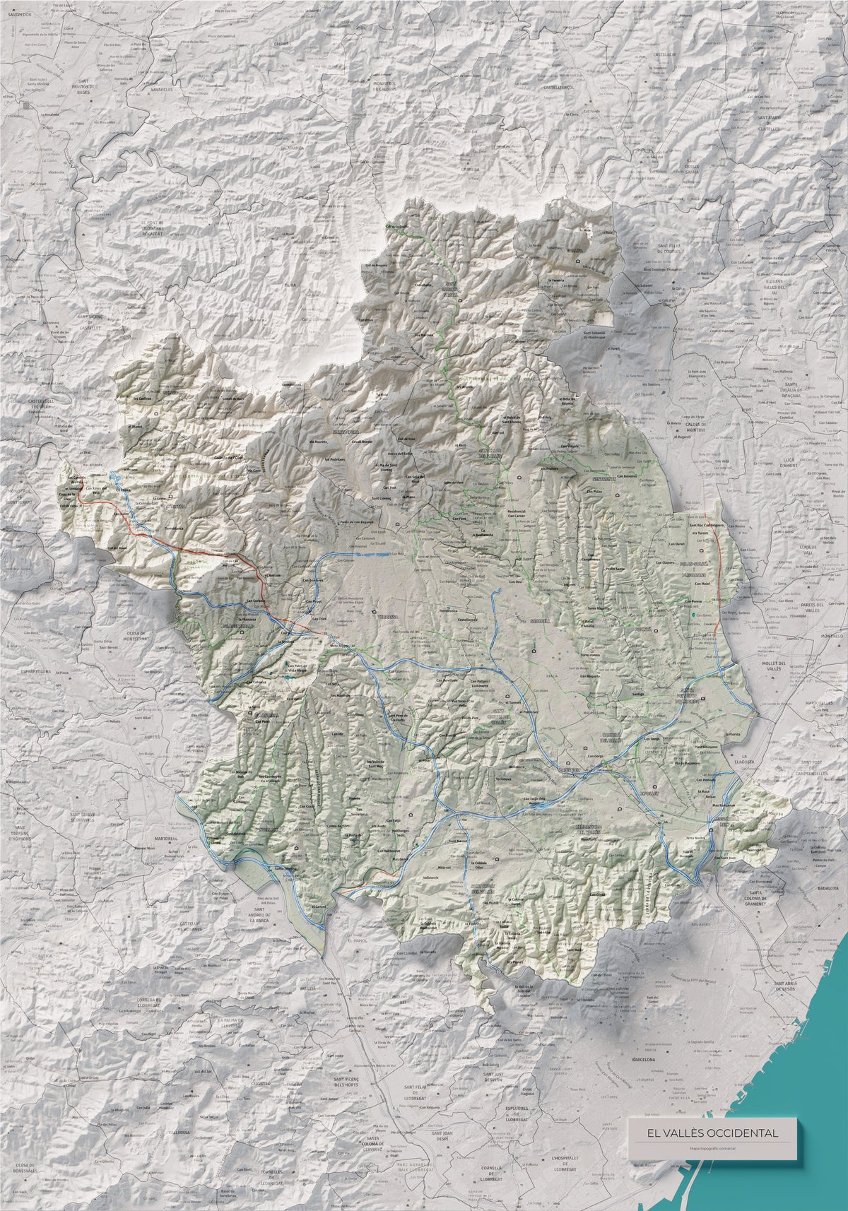 Mapa de relieve del Vallès Occidental, con el territorio en color y el entorno en blanco. Vista completa de la lámina. 70 × 100 cm. Estilo Cartográfico.