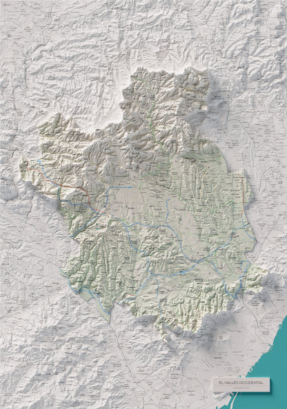 Mapa de relieve del Vallès Occidental, con el territorio en color y el entorno en blanco. Vista completa de la lámina. 70 × 100 cm. Estilo Cartográfico.