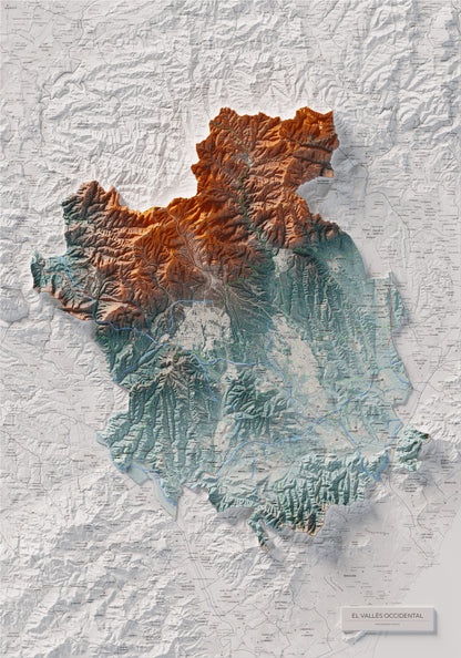 Mapa de relieve del Vallès Occidental, con el territorio en color y el entorno en blanco. Vista completa de la lámina. 70 × 100 cm. Estilo Azul y naranja.