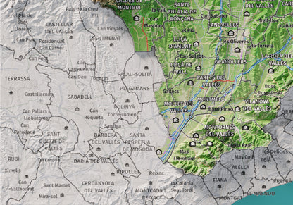 Mapa de relieve del Vallès Oriental, con el territorio en color y el entorno en blanco. Detalle de la zona inferior izquierda. 21 × 30 cm. Estilo Clásico.