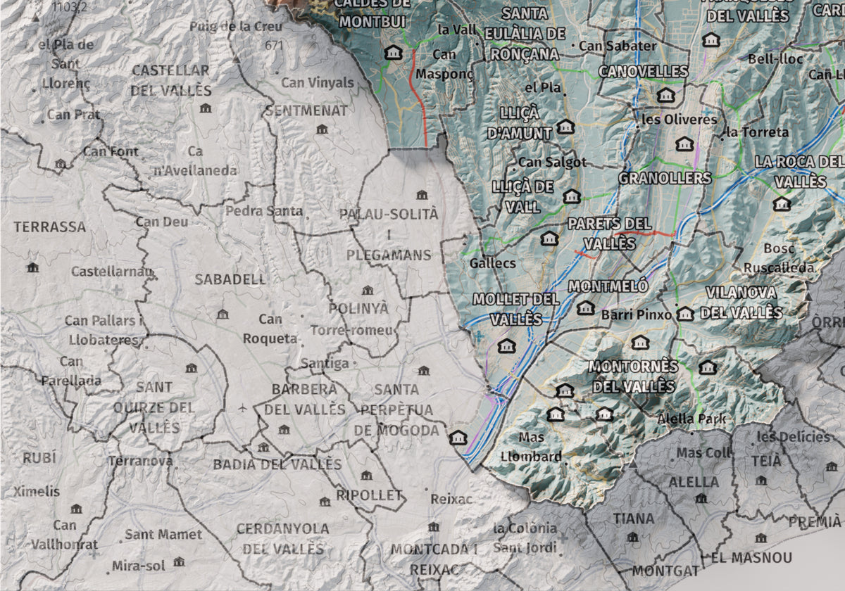 Mapa de relieve del Vallès Oriental, con el territorio en color y el entorno en blanco. Detalle de la zona inferior izquierda. 21 × 30 cm. Estilo Azul y naranja.