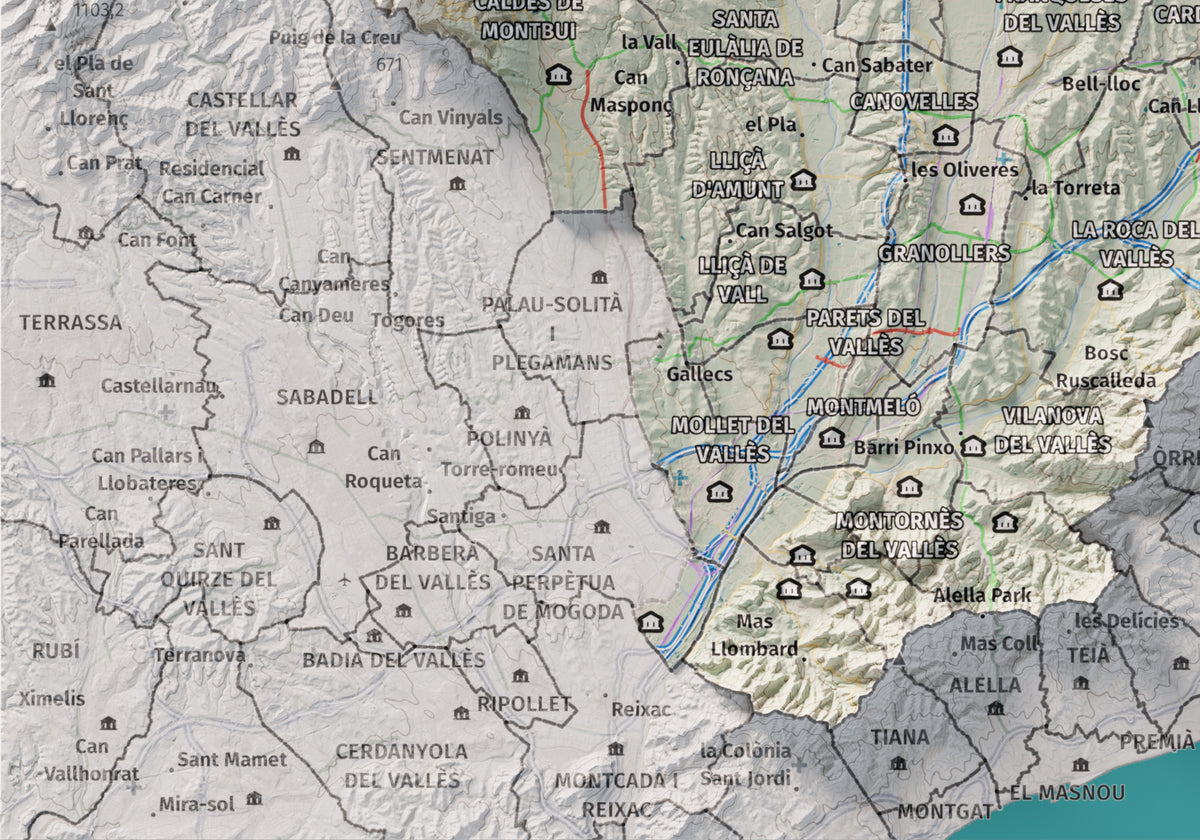 Mapa de relieve del Vallès Oriental, con el territorio en color y el entorno en blanco. Detalle de la zona inferior izquierda. 21 × 30 cm. Estilo Cartográfico.