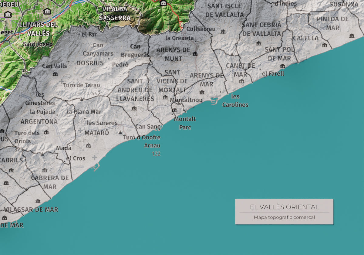 Mapa de relieve del Vallès Oriental, con el territorio en color y el entorno en blanco. Detalle de la zona inferior derecha. 21 × 30 cm. Estilo Clásico.