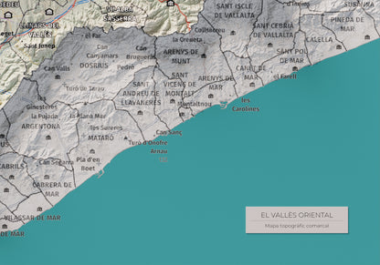 Mapa de relieve del Vallès Oriental, con el territorio en color y el entorno en blanco. Detalle de la zona inferior derecha. 21 × 30 cm. Estilo Cartográfico.