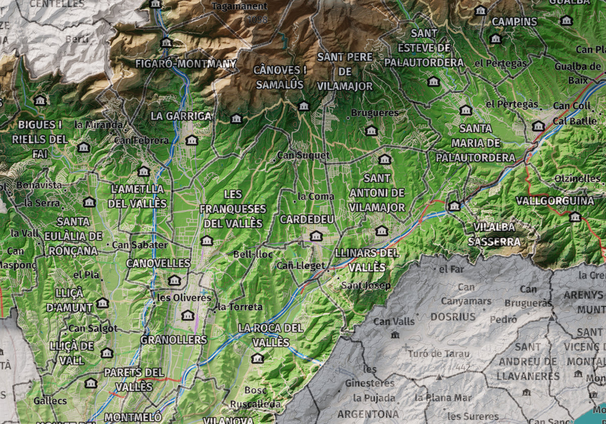 Mapa de relieve del Vallès Oriental, con el territorio en color y el entorno en blanco. Detalle de la zona central. 21 × 30 cm. Estilo Clásico.