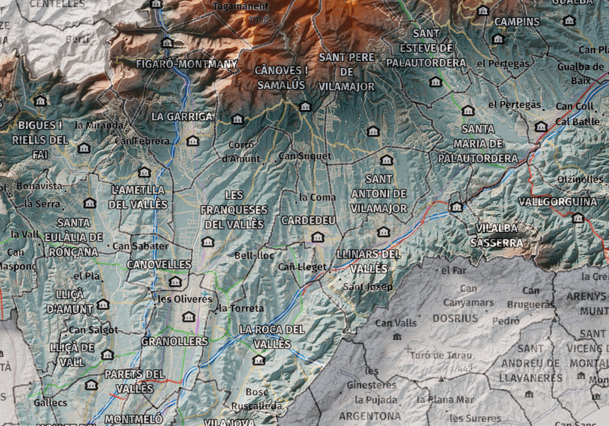Mapa de relieve del Vallès Oriental, con el territorio en color y el entorno en blanco. Detalle de la zona central. 21 × 30 cm. Estilo Azul y naranja.