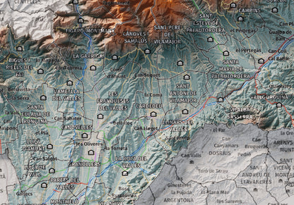 Mapa de relieve del Vallès Oriental, con el territorio en color y el entorno en blanco. Detalle de la zona central. 21 × 30 cm. Estilo Azul y naranja.