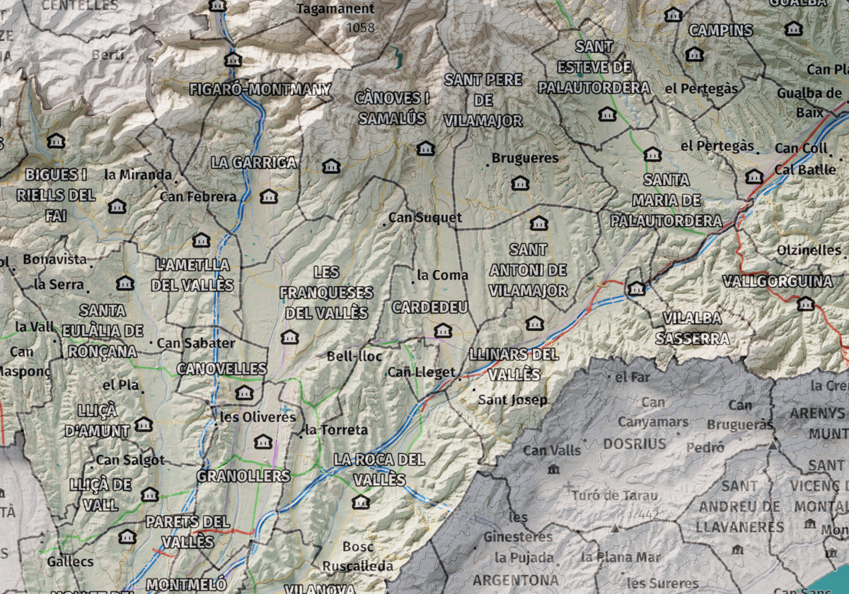 Mapa de relieve del Vallès Oriental, con el territorio en color y el entorno en blanco. Detalle de la zona central. 21 × 30 cm. Estilo Cartográfico.