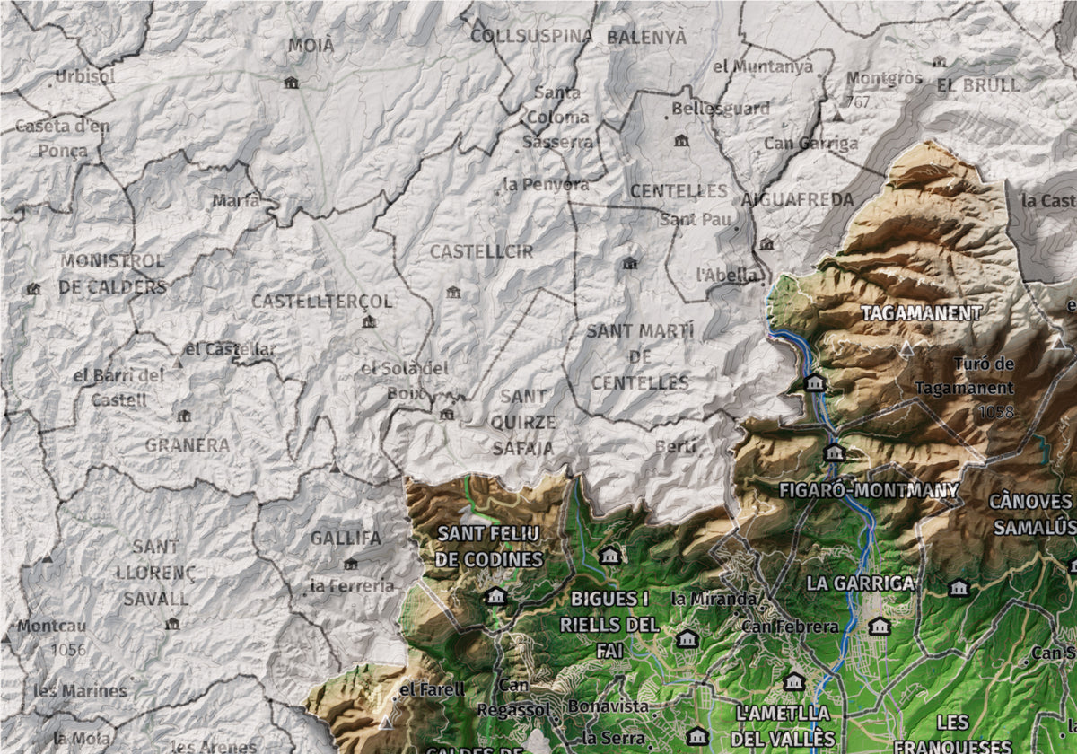 Mapa de relieve del Vallès Oriental, con el territorio en color y el entorno en blanco. Detalle de la zona superior izquierda. 21 × 30 cm. Estilo Clásico.