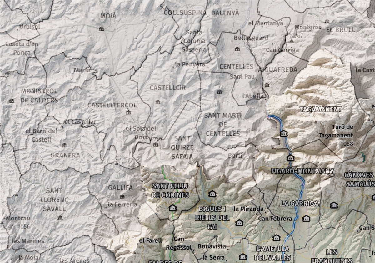 Mapa de relieve del Vallès Oriental, con el territorio en color y el entorno en blanco. Detalle de la zona superior izquierda. 21 × 30 cm. Estilo Cartográfico.