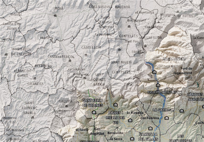 Mapa de relieve del Vallès Oriental, con el territorio en color y el entorno en blanco. Detalle de la zona superior izquierda. 21 × 30 cm. Estilo Cartográfico.