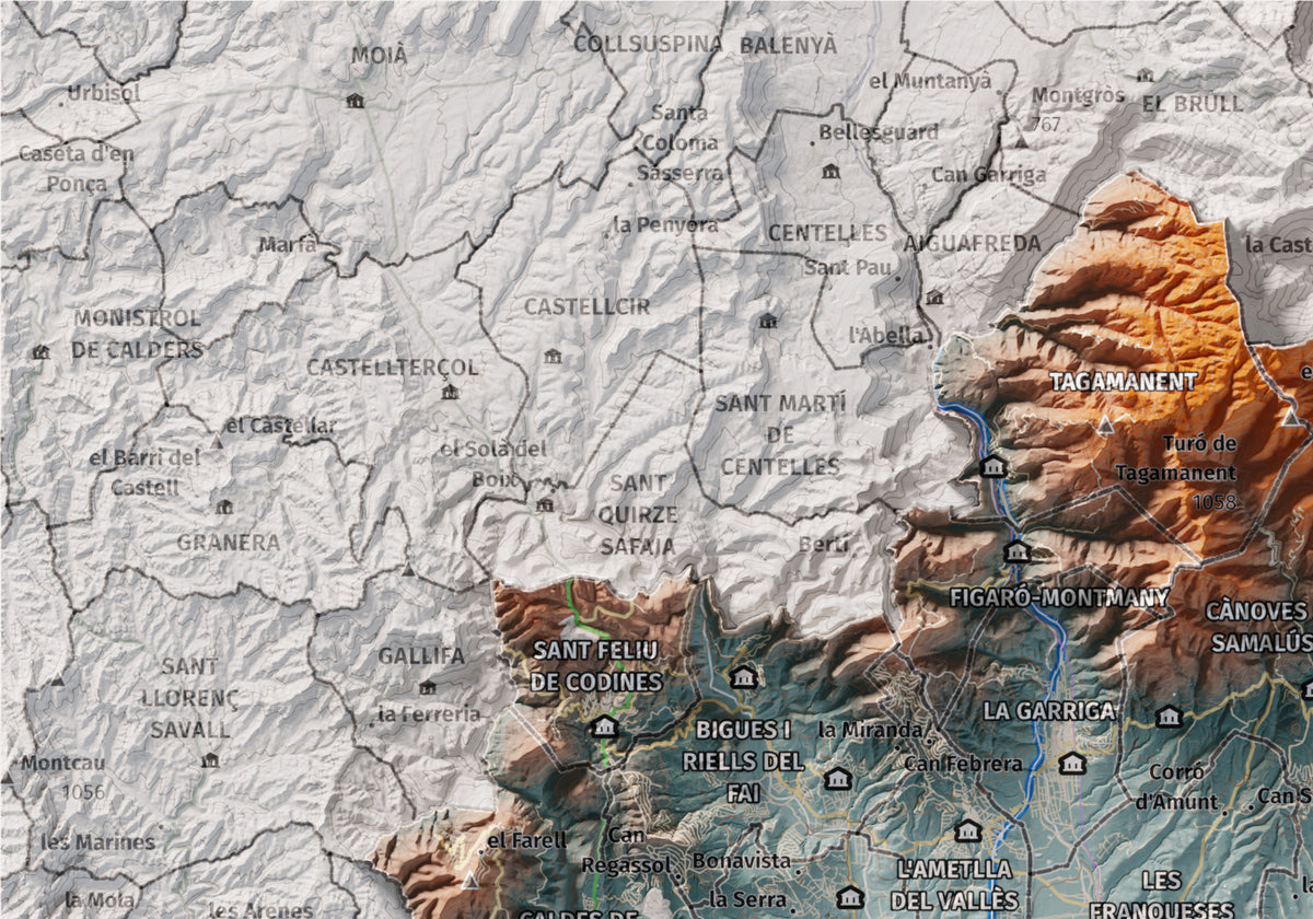 Mapa de relieve del Vallès Oriental, con el territorio en color y el entorno en blanco. Detalle de la zona superior izquierda. 21 × 30 cm. Estilo Azul y naranja.