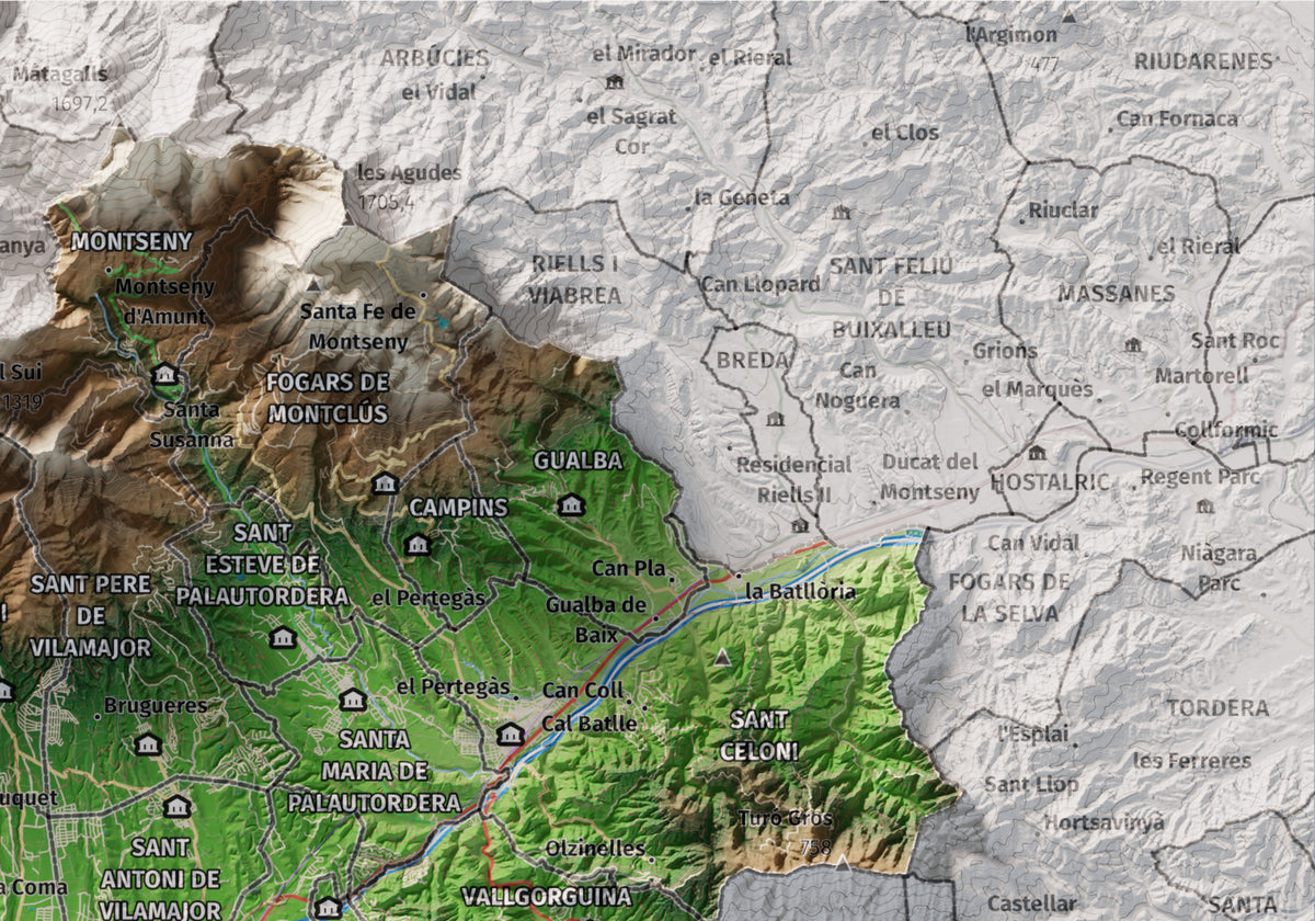 Mapa de relieve del Vallès Oriental, con el territorio en color y el entorno en blanco. Detalle de la zona superior derecha. 21 × 30 cm. Estilo Clásico.