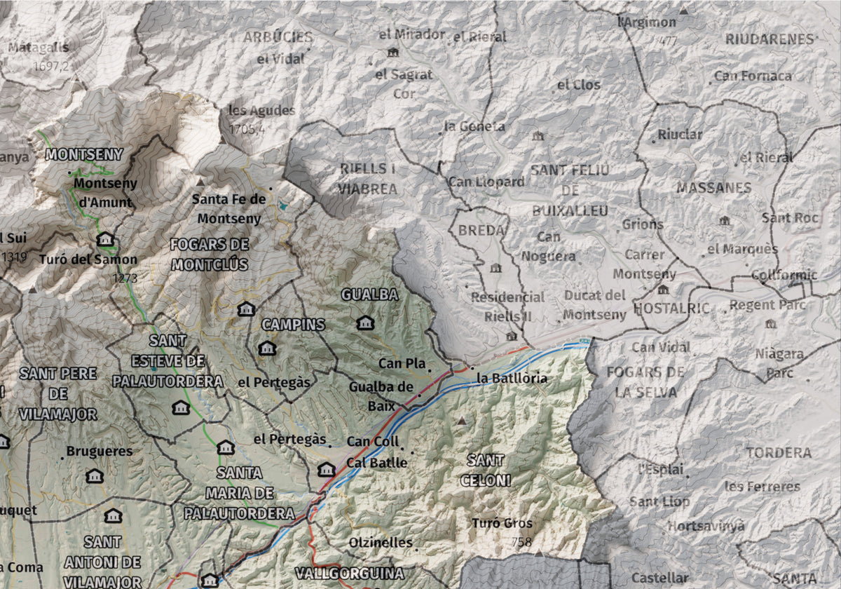 Mapa de relieve del Vallès Oriental, con el territorio en color y el entorno en blanco. Detalle de la zona superior derecha. 21 × 30 cm. Estilo Cartográfico.