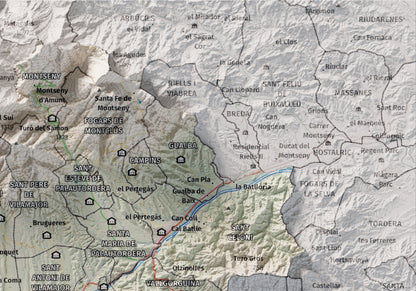 Mapa de relieve del Vallès Oriental, con el territorio en color y el entorno en blanco. Detalle de la zona superior derecha. 21 × 30 cm. Estilo Cartográfico.
