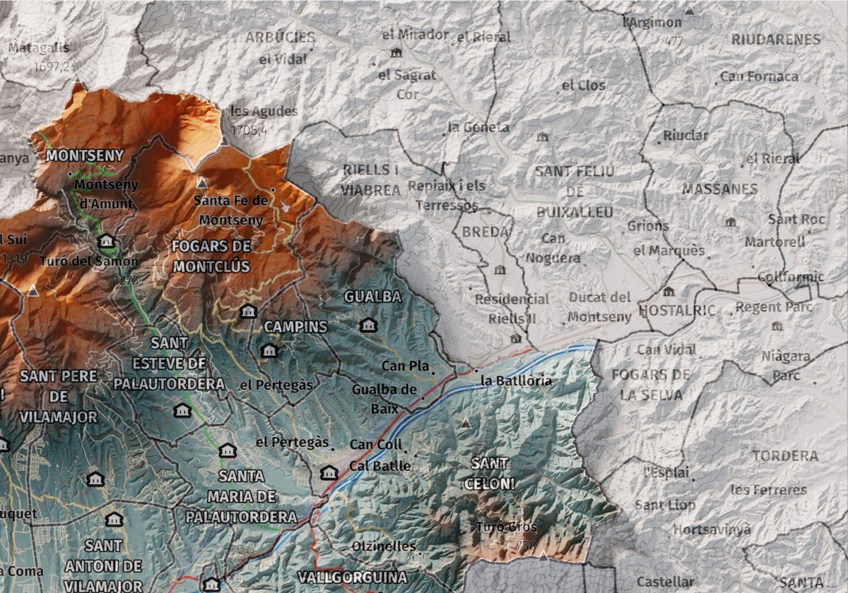 Mapa de relieve del Vallès Oriental, con el territorio en color y el entorno en blanco. Detalle de la zona superior derecha. 21 × 30 cm. Estilo Azul y naranja.