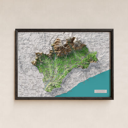 Mapa de relieve del Vallès Oriental, con el territorio en color y el entorno en blanco. Presentación con marco. 21 × 30 cm. Estilo Clásico.