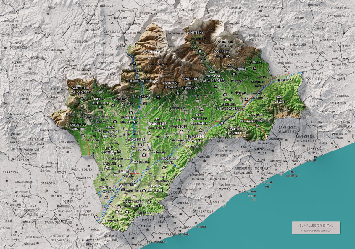 Mapa de relieve del Vallès Oriental, con el territorio en color y el entorno en blanco. Vista completa de la lámina. 21 × 30 cm. Estilo Clásico.