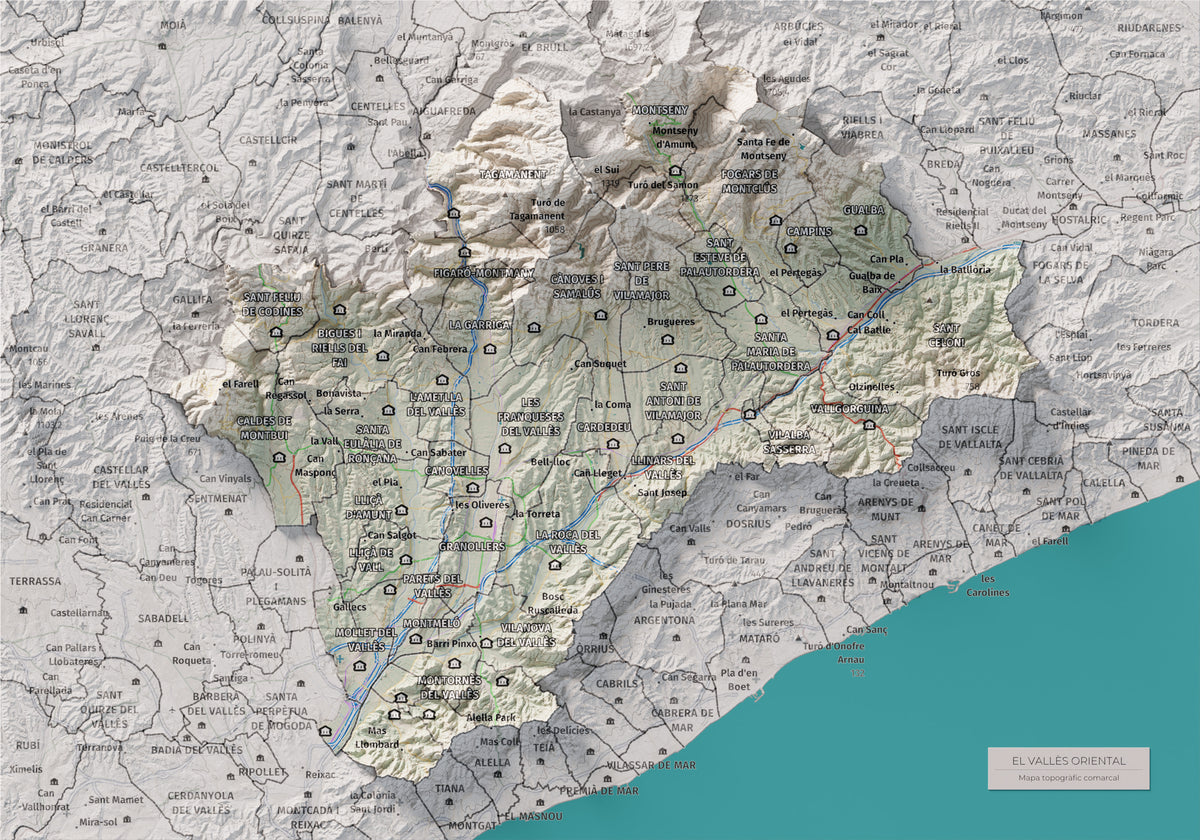 Mapa de relieve del Vallès Oriental, con el territorio en color y el entorno en blanco. Vista completa de la lámina. 21 × 30 cm. Estilo Cartográfico.