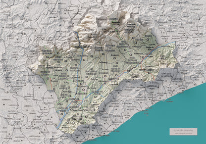 Mapa de relieve del Vallès Oriental, con el territorio en color y el entorno en blanco. Vista completa de la lámina. 21 × 30 cm. Estilo Cartográfico.