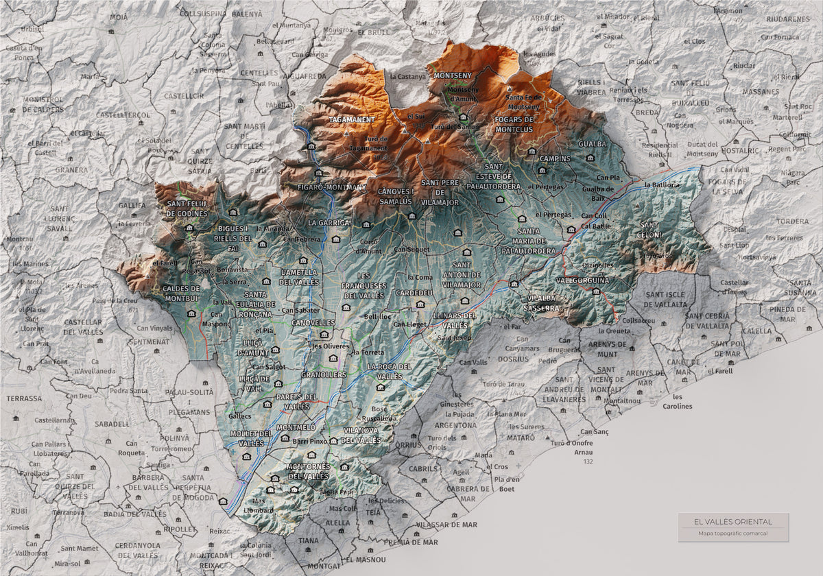 Mapa de relieve del Vallès Oriental, con el territorio en color y el entorno en blanco. Vista completa de la lámina. 21 × 30 cm. Estilo Azul y naranja.