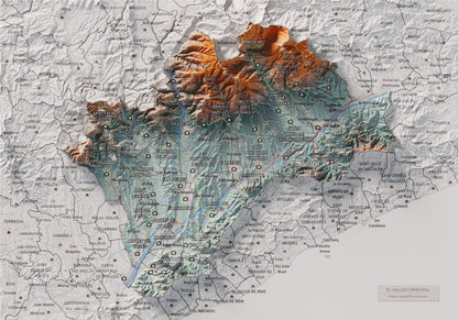 Mapa de relieve del Vallès Oriental, con el territorio en color y el entorno en blanco. Vista completa de la lámina. 21 × 30 cm. Estilo Azul y naranja.