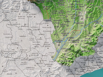 Mapa de relieve del Vallès Oriental, con el territorio en color y el entorno en blanco. Detalle de la zona inferior izquierda. 30 × 40 cm. Estilo Clásico.