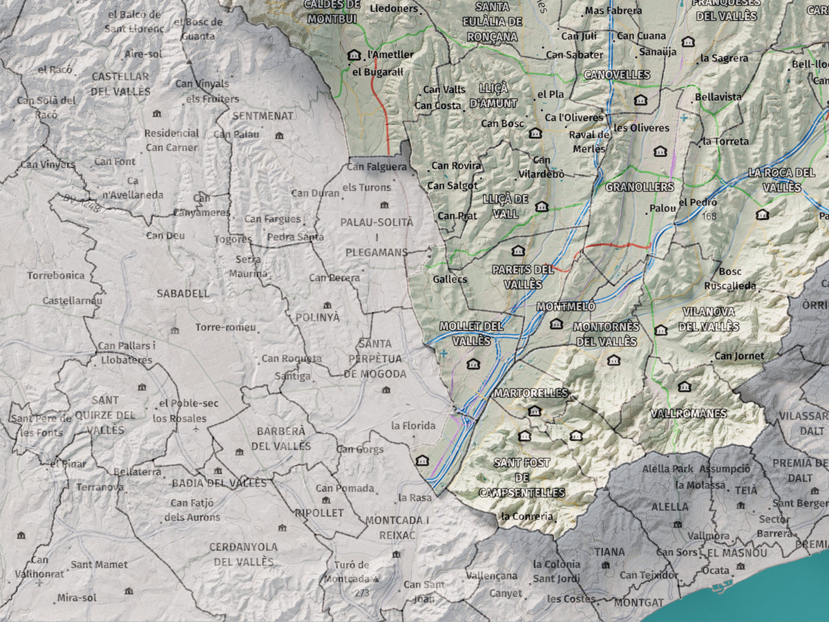 Mapa de relieve del Vallès Oriental, con el territorio en color y el entorno en blanco. Detalle de la zona inferior izquierda. 30 × 40 cm. Estilo Cartográfico.