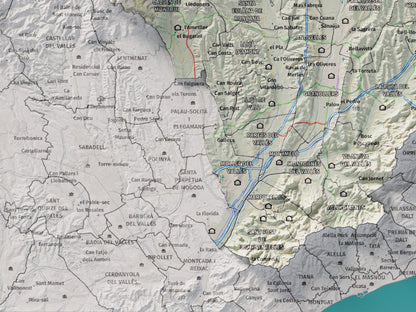 Mapa de relieve del Vallès Oriental, con el territorio en color y el entorno en blanco. Detalle de la zona inferior izquierda. 30 × 40 cm. Estilo Cartográfico.