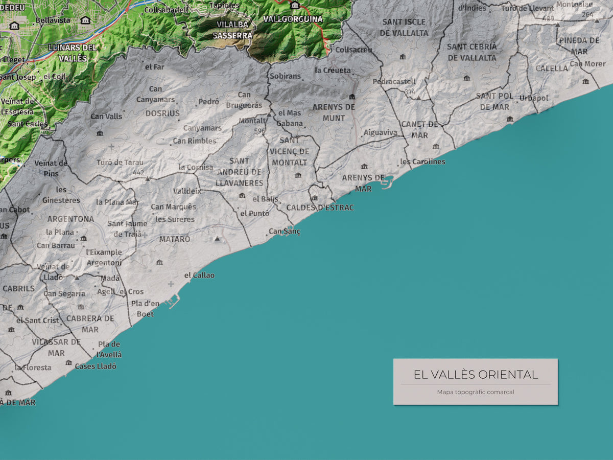 Mapa de relieve del Vallès Oriental, con el territorio en color y el entorno en blanco. Detalle de la zona inferior derecha. 30 × 40 cm. Estilo Clásico.