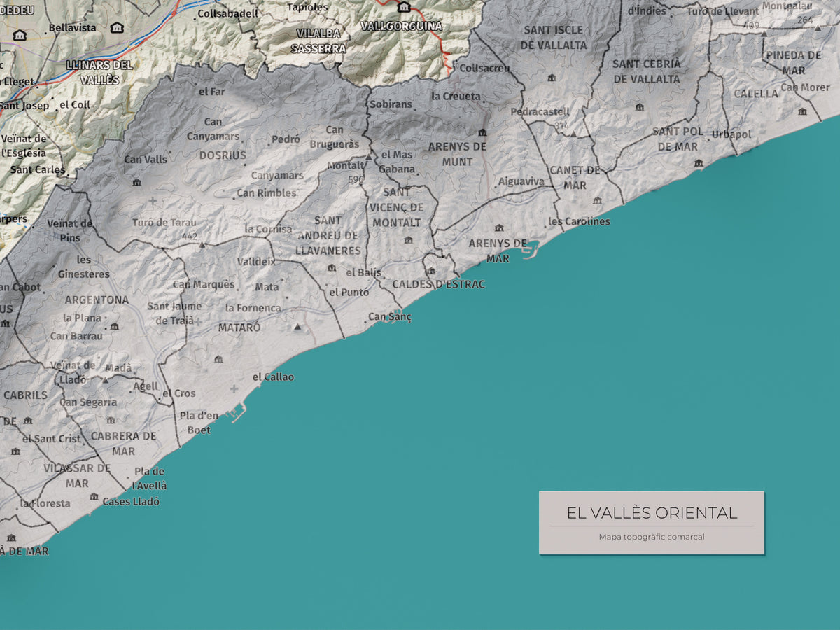 Mapa de relieve del Vallès Oriental, con el territorio en color y el entorno en blanco. Detalle de la zona inferior derecha. 30 × 40 cm. Estilo Cartográfico.