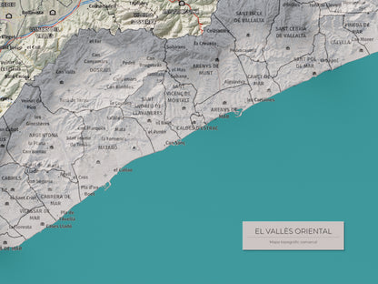Mapa de relieve del Vallès Oriental, con el territorio en color y el entorno en blanco. Detalle de la zona inferior derecha. 30 × 40 cm. Estilo Cartográfico.