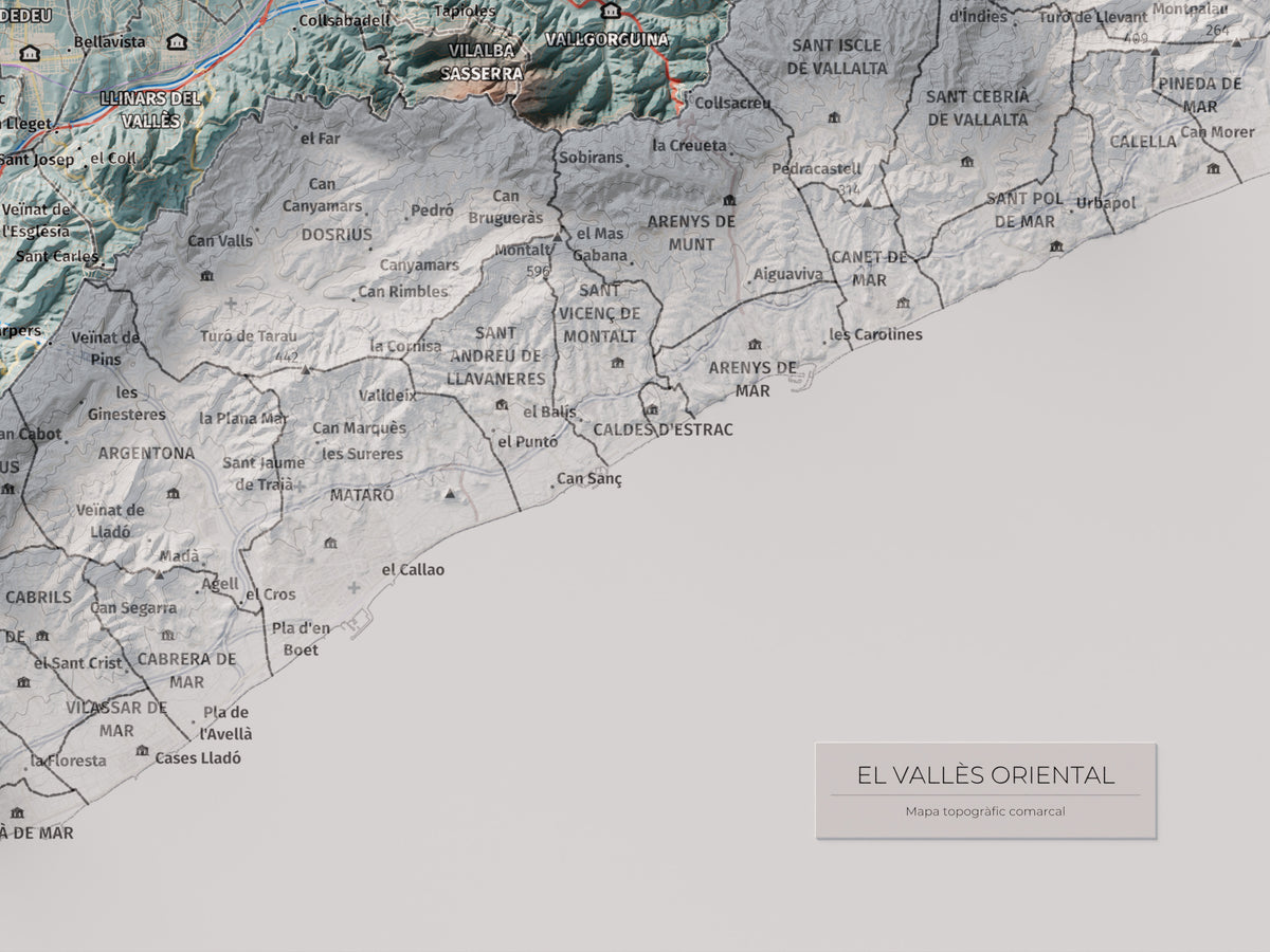 Mapa de relieve del Vallès Oriental, con el territorio en color y el entorno en blanco. Detalle de la zona inferior derecha. 30 × 40 cm. Estilo Azul y naranja.