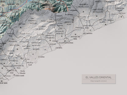 Mapa de relieve del Vallès Oriental, con el territorio en color y el entorno en blanco. Detalle de la zona inferior derecha. 30 × 40 cm. Estilo Azul y naranja.