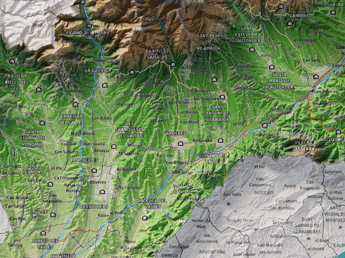 Mapa de relieve del Vallès Oriental, con el territorio en color y el entorno en blanco. Detalle de la zona central. 30 × 40 cm. Estilo Clásico.