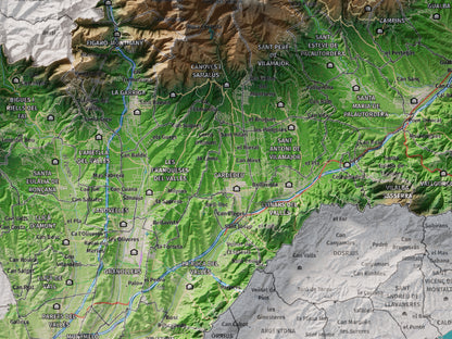 Mapa de relieve del Vallès Oriental, con el territorio en color y el entorno en blanco. Detalle de la zona central. 30 × 40 cm. Estilo Clásico.