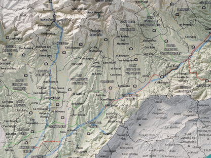 Mapa de relieve del Vallès Oriental, con el territorio en color y el entorno en blanco. Detalle de la zona central. 30 × 40 cm. Estilo Cartográfico.