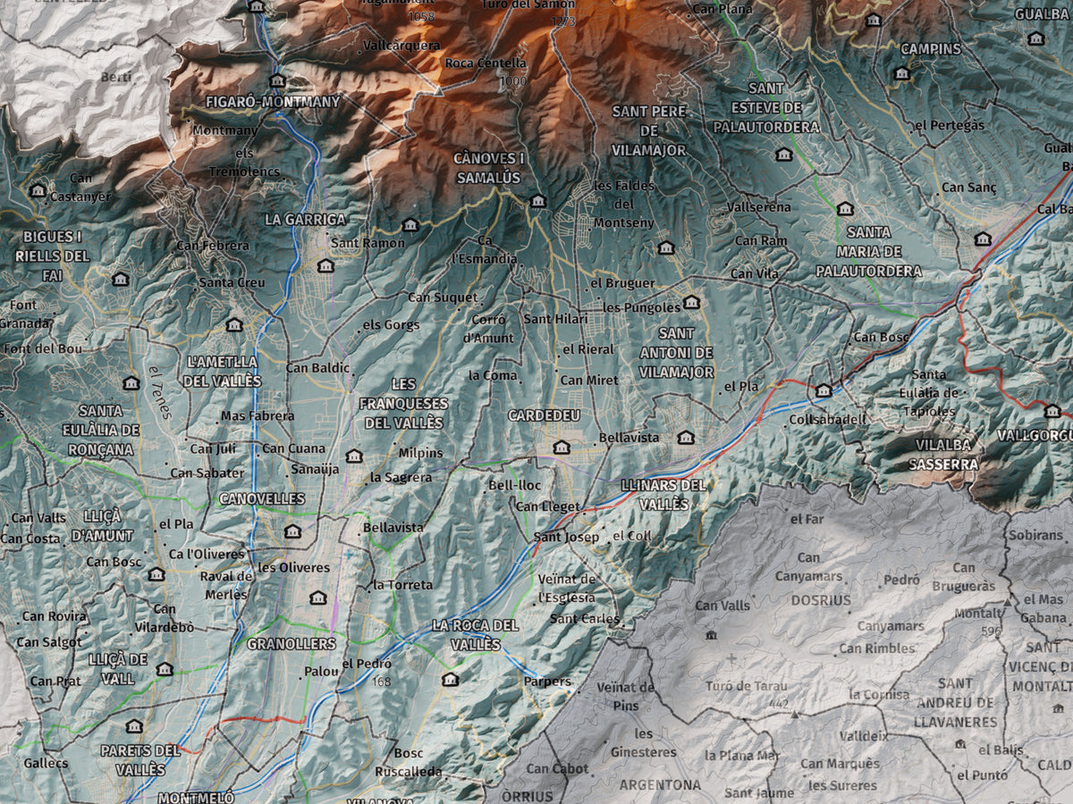 Mapa de relieve del Vallès Oriental, con el territorio en color y el entorno en blanco. Detalle de la zona central. 30 × 40 cm. Estilo Azul y naranja.