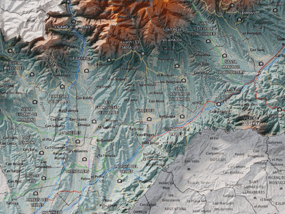 Mapa de relieve del Vallès Oriental, con el territorio en color y el entorno en blanco. Detalle de la zona central. 30 × 40 cm. Estilo Azul y naranja.