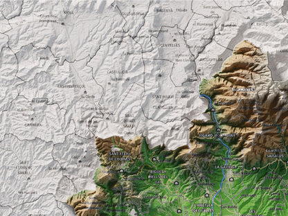 Mapa de relieve del Vallès Oriental, con el territorio en color y el entorno en blanco. Detalle de la zona superior izquierda. 30 × 40 cm. Estilo Clásico.