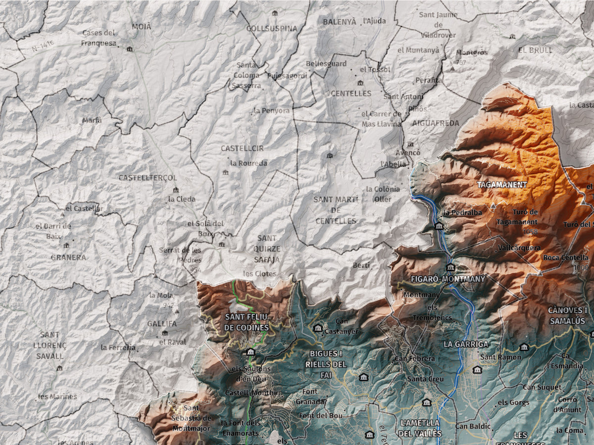 Mapa de relieve del Vallès Oriental, con el territorio en color y el entorno en blanco. Detalle de la zona superior izquierda. 30 × 40 cm. Estilo Azul y naranja.