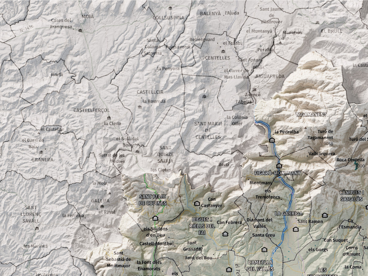 Mapa de relieve del Vallès Oriental, con el territorio en color y el entorno en blanco. Detalle de la zona superior izquierda. 30 × 40 cm. Estilo Cartográfico.