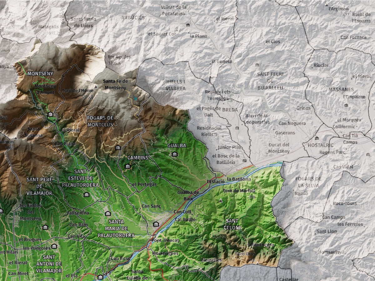 Mapa de relieve del Vallès Oriental, con el territorio en color y el entorno en blanco. Detalle de la zona superior derecha. 30 × 40 cm. Estilo Clásico.