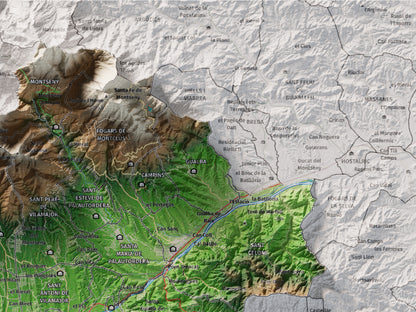 Mapa de relieve del Vallès Oriental, con el territorio en color y el entorno en blanco. Detalle de la zona superior derecha. 30 × 40 cm. Estilo Clásico.