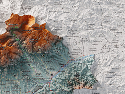 Mapa de relieve del Vallès Oriental, con el territorio en color y el entorno en blanco. Detalle de la zona superior derecha. 30 × 40 cm. Estilo Azul y naranja.