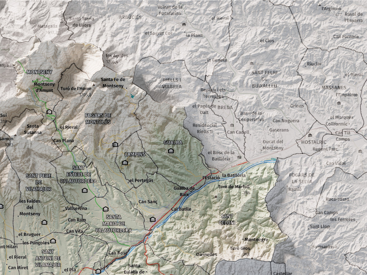 Mapa de relieve del Vallès Oriental, con el territorio en color y el entorno en blanco. Detalle de la zona superior derecha. 30 × 40 cm. Estilo Cartográfico.