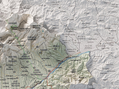 Mapa de relieve del Vallès Oriental, con el territorio en color y el entorno en blanco. Detalle de la zona superior derecha. 30 × 40 cm. Estilo Cartográfico.
