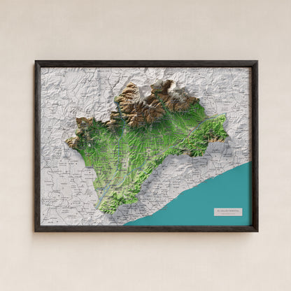 Mapa de relieve del Vallès Oriental, con el territorio en color y el entorno en blanco. Presentación con marco. 30 × 40 cm. Estilo Clásico.